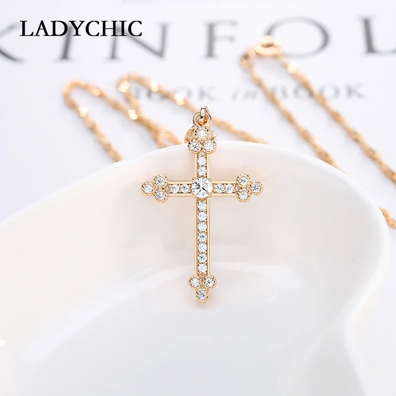 LADYCHIC, классическое золотое ожерелье с кулоном в виде креста, покрытое цирконием класса AAA, Изящный Цветочный крест, ювелирные аксессуары LN1089