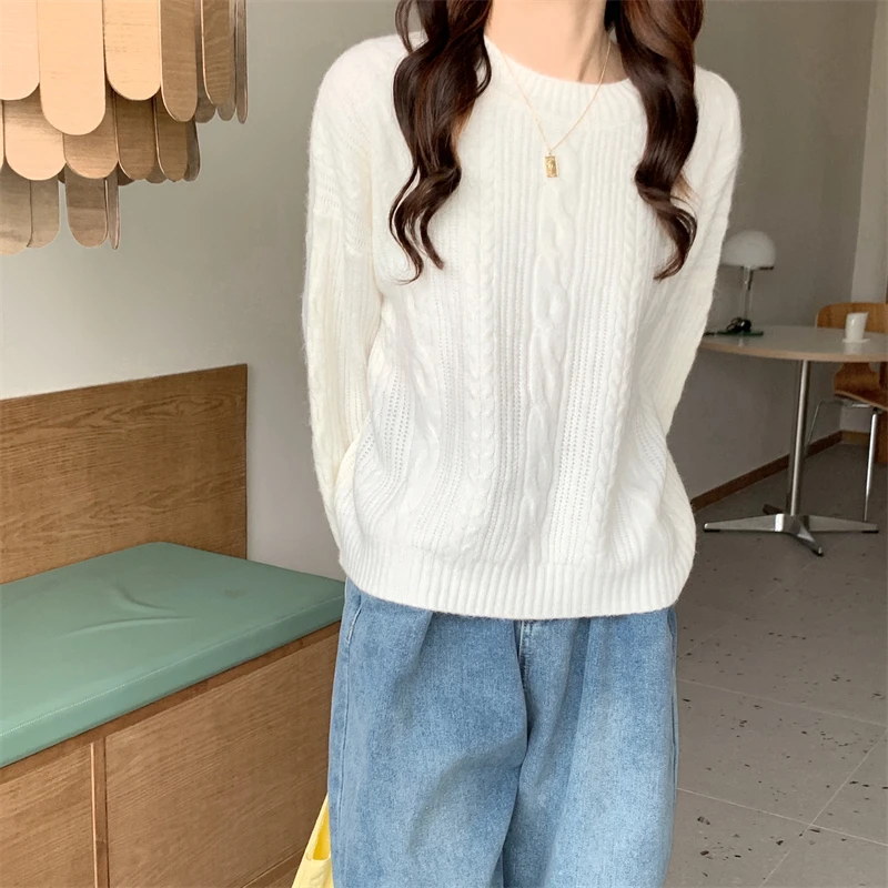 

Новинка осенне-зимний модный мягкий теплый однотонный пуловер с круглым вырезом простой утепленный вязаный свитер свободного кроя Топ для ...