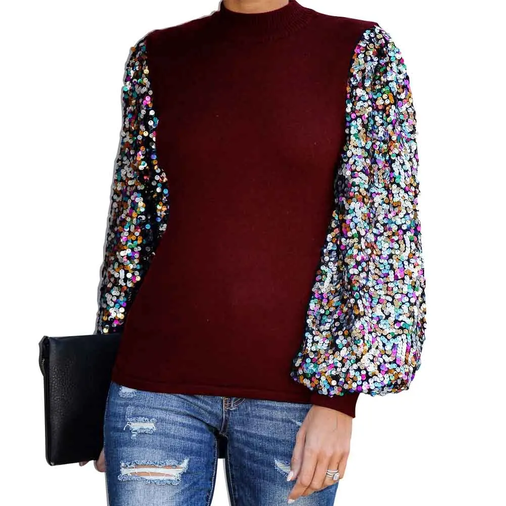 

Half High Collar Loose Patchwork Party Lantern Long Sleeves Glitter Autumn Winter Sequined Pullover Casual Leisure Women Tops