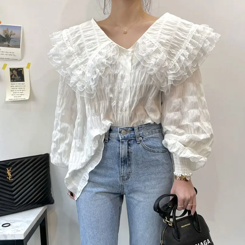 

Alien Kitty White Streetwear Tops Chic Mesh Shirts Pleated Elegant Autumn 2021 Hot OL Casual New Loose Fashion Women Blouses