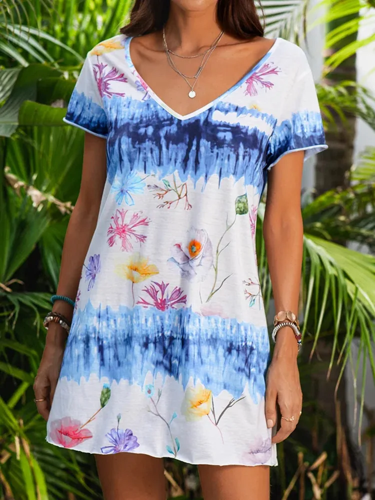 

2021 Women Summer Beach Dress Bohemian Printed Loose Casual Short Sleeve Plus Size A-Line Mini Holiday Dresses Sundress