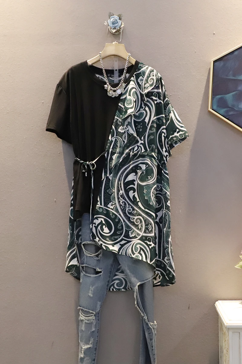 

SuperAen 2021 Summer New Fashion Retro Stitching Loose Plus Size T Shirt Female Asymmetry Shirts for Women