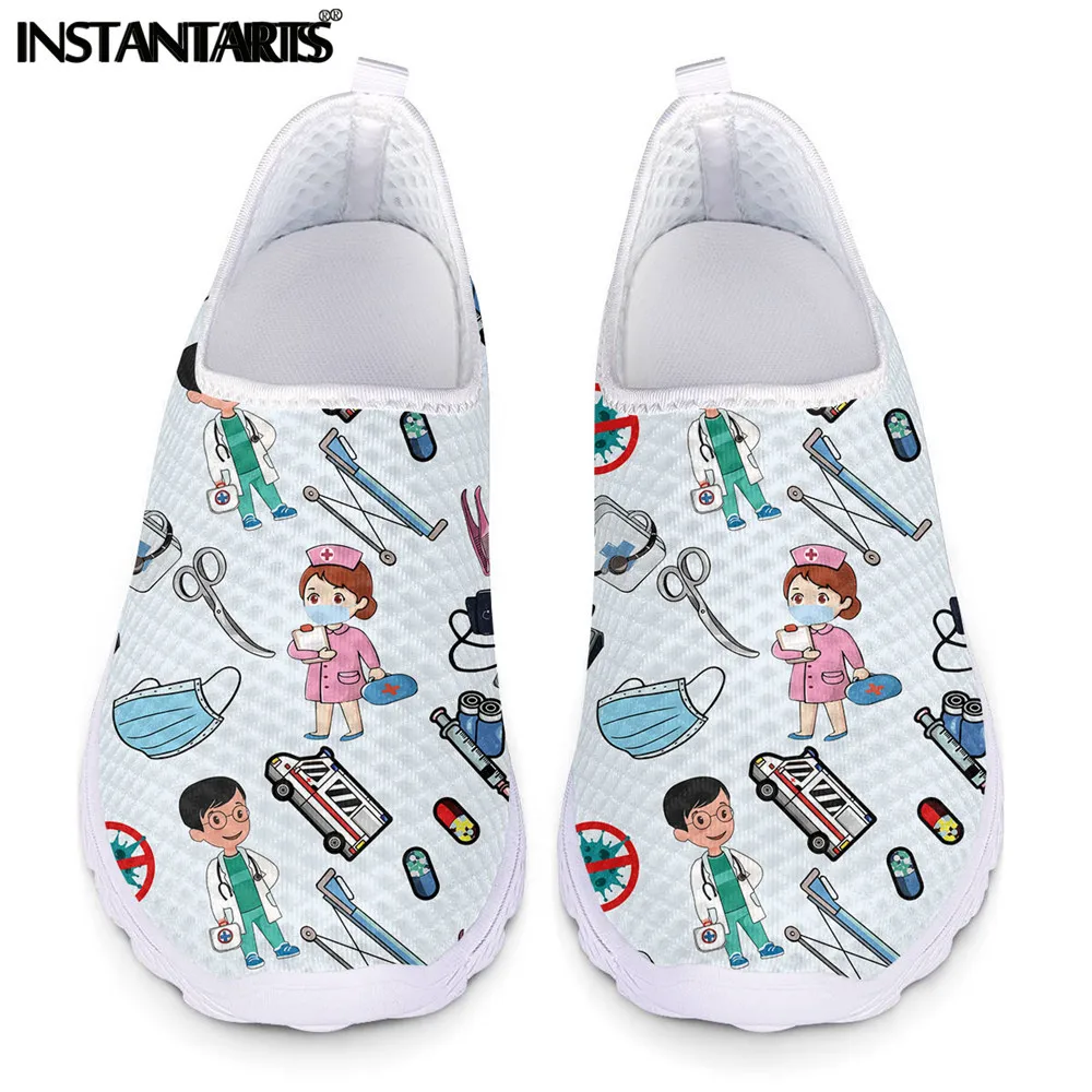 

INSTANTARTS New Style Women Nurse Mesh Sneakers Cartoon Nurse and Doctors Pattern Femme Flat Shoes Outdoor Non-Slip Loafers Hot