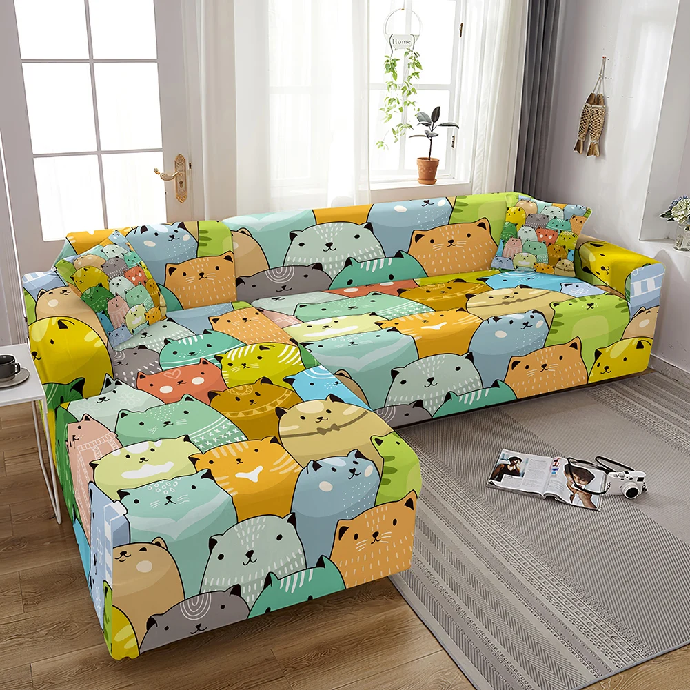 

1Pcs Cute Cats Sofa Cover for Living Room Chair Sofa 1/2/3/4 Seater Elastic Slipcovers All Corners Sofa Furniture Stretch Set