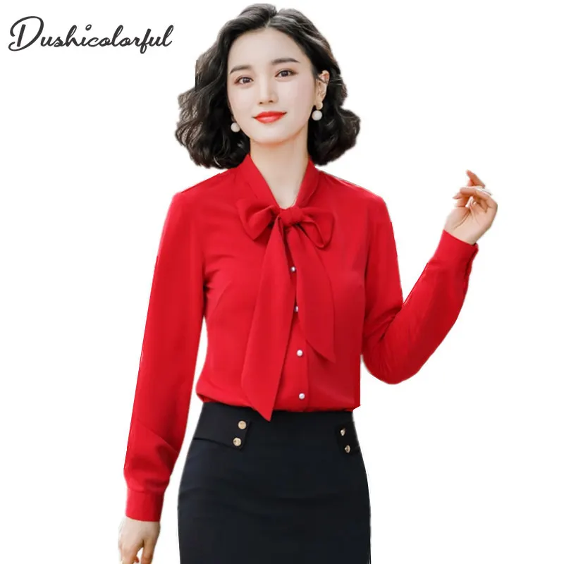 Женская шифоновая блузка с длинным рукавом и бантом однотонная Свободная