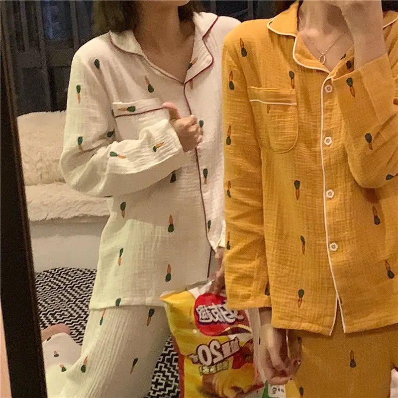 QWEEK Cotton Pajamas for Women Korean Sleepwear Fruit Cartoon Pijama Autumn Comfortable Clothes for Home Pyjamas 2 Piece Set