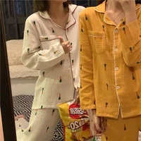 qweek cotton pajamas for women korean sleepwear fruit cartoon pijama autumn comfortable clothes for home pyjamas 2 piece set