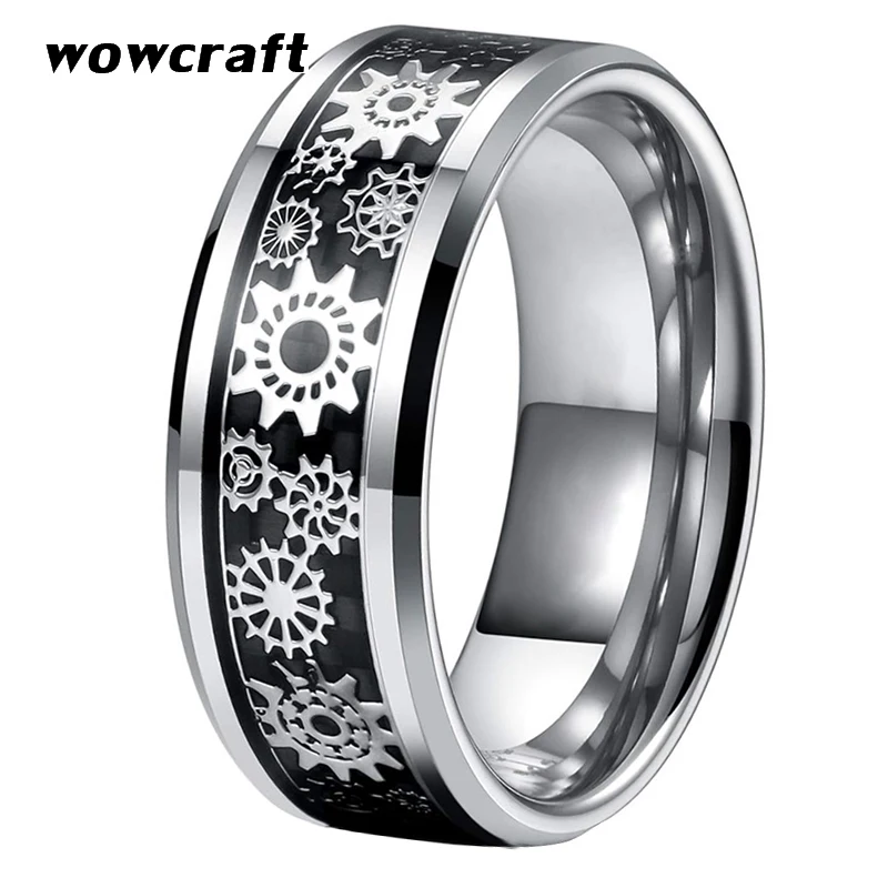 8 мм вольфрамовое кольцо серебристо черные шестерни и инкрустация из углеродного