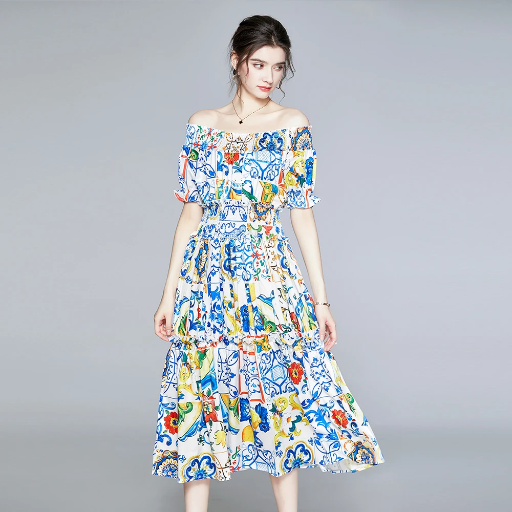 

2020 Summer Dress Women Sexy Off the Shoulder Puff Sleeve Elastic Waist Blue and white porcelain printing Beach Midi Dresses