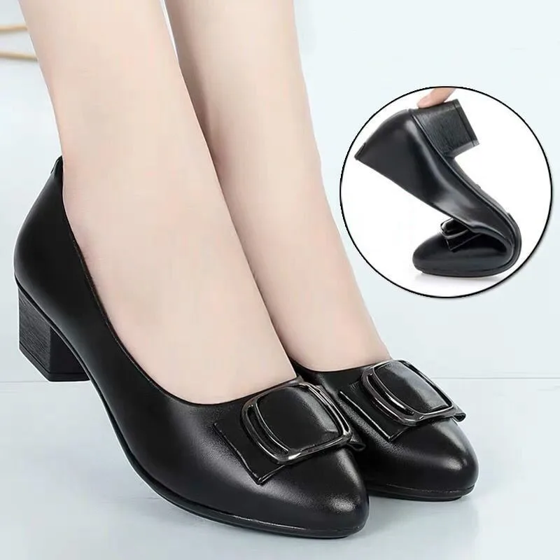 

New Middle-aged Women's Shoes Soft Leather Soft Sole Comfortable Non-slip Mid-heel Single Shoes Mother Shoes Leather Shoes Women