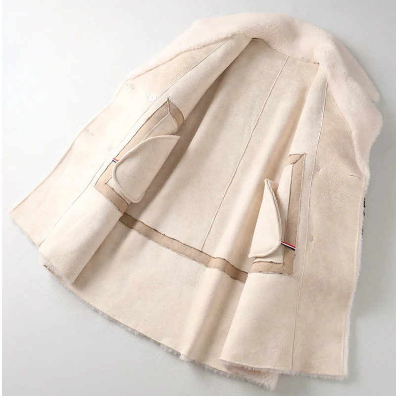 New Style Beige Female Granular Velvet Winter Warm Wool Fall Coat Turn-Down Collar Leopard Mid-Length Stitching Coats Women