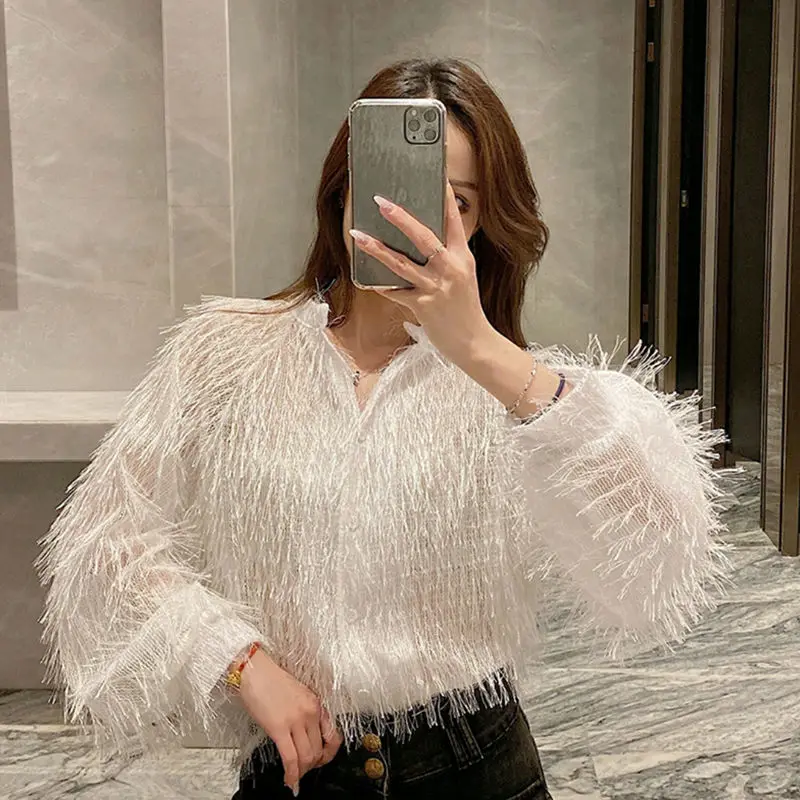 

2021 Spring Autumn New Women Fashion Loose All-match Solid Tassel Blouse Long Sleeve Stand Collar Bottoming Shirts Blusas Y363