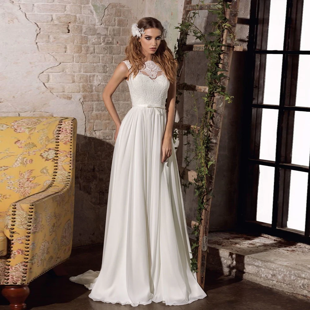

Jiyigong Cheap Beach Wedding Dress Illusion Back Cap Sleeve O Neck Bow Belt Lace Chiffon Bridal Dresses Robe De Mariee