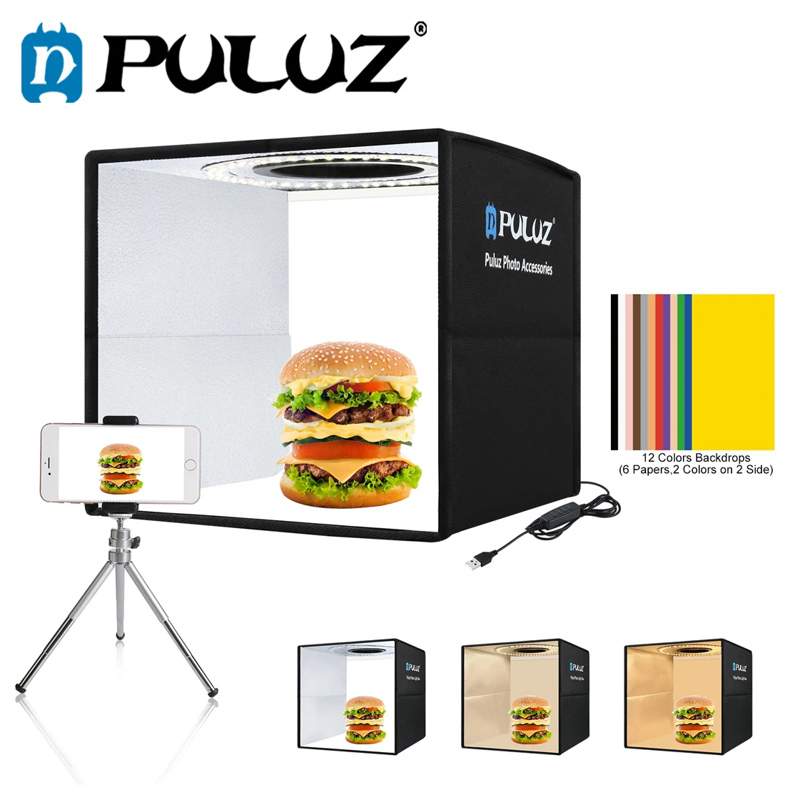 

PULUZ Softbox 3 Color light Modes Lightbox Dimmable Led Ring Light Box Photo Lighting Studio Shooting Tent Box 6 Color Backdrops