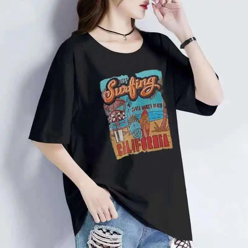 

White T-shirt Summer Casual Oversized T-shirt Women's Best Shower Santa Monica California Retro Saudi Short Sleeve Vacation Top