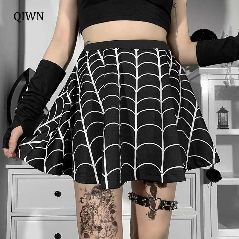 

Y2K Cobweb Print Black Skirt Women Harajuku Goth Elastic High Waist A LINE Mini Skirts Fairy Grunge E Girl Streetwear Skirt