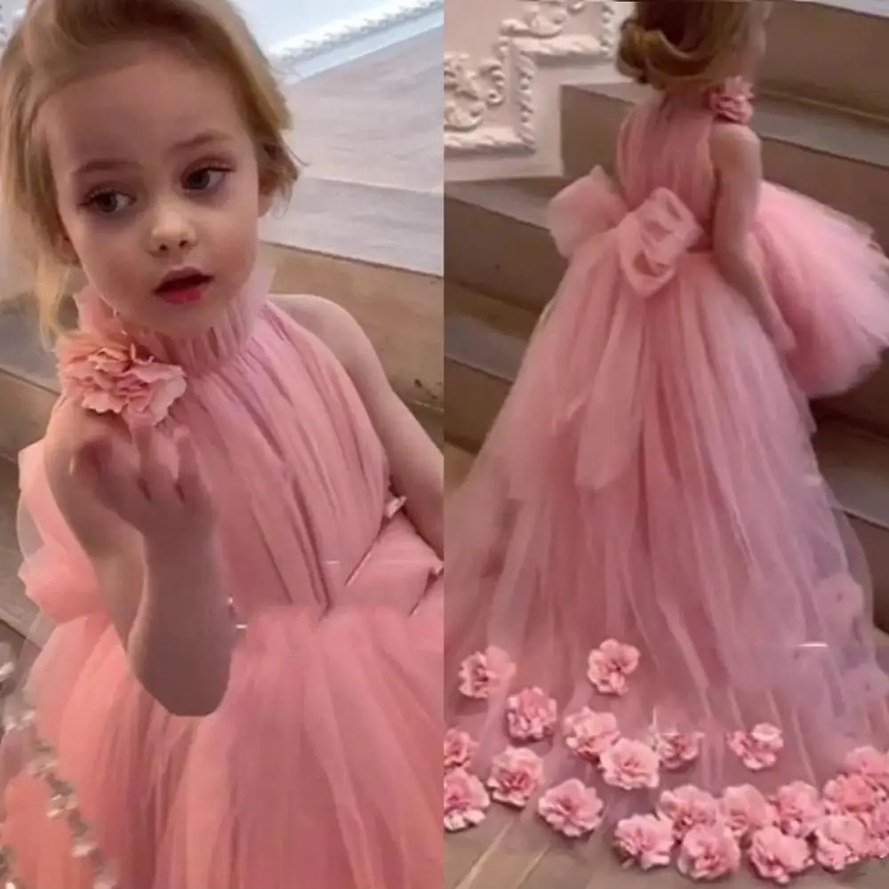 

Formal Lovely Hi-Lo Pink Flower Girl Dresses for Weddings High Neck Sleeves Sweep Train 3D Floral Applique First Communion Dress