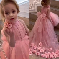 formal lovely hi lo pink flower girl dresses for weddings high neck sleeves sweep train 3d floral applique first communion dress