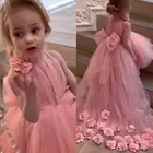 Красивое розовое платье с цветочным рисунком Hi-Lo для девушек на свадьбу с высоким воротником и рукавами со шлейфом с 3D цветочной аппликацией платье для первого причастия