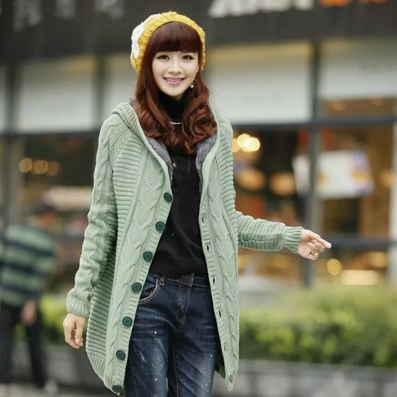 

Spring Korean Womens Winter Hooded Mid Long Thicken Sweater Female Cardigan Slim Fit Warm Coat Outwear Plus Size