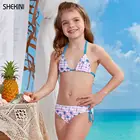 SHEKINI купальники для девочек, Треугольные бикини с лямкой на шее, купальники из двух частей с милым принтом, детские пляжные купальные костюмы, бикини для девочек-подростков