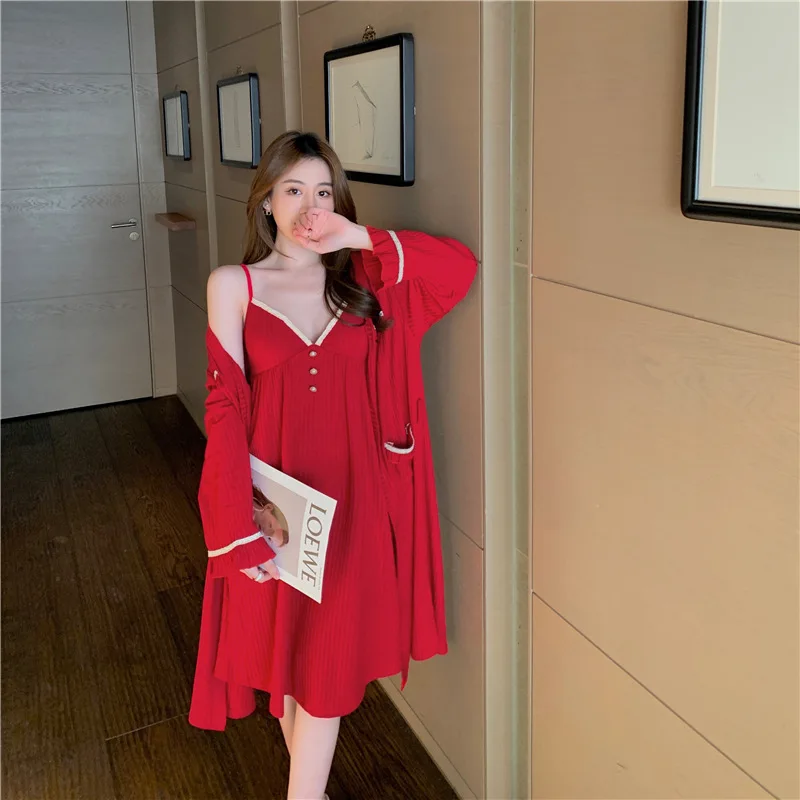 Women's New Pajamas Spring And Autumn Pit Cotton Comfortable Court Style Temperament Sling Nightgown Suit Home Service