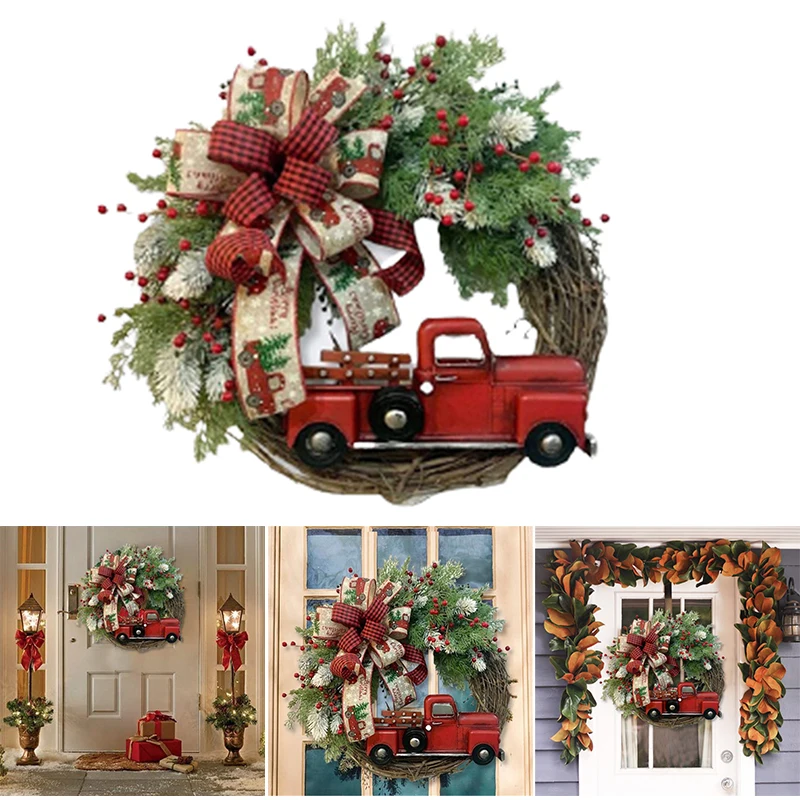 

Красный Рождественский венок с грузовиком, осень, Хэллоуин, входная дверь, подвесное украшение, праздничное домашнее украшение SEC88