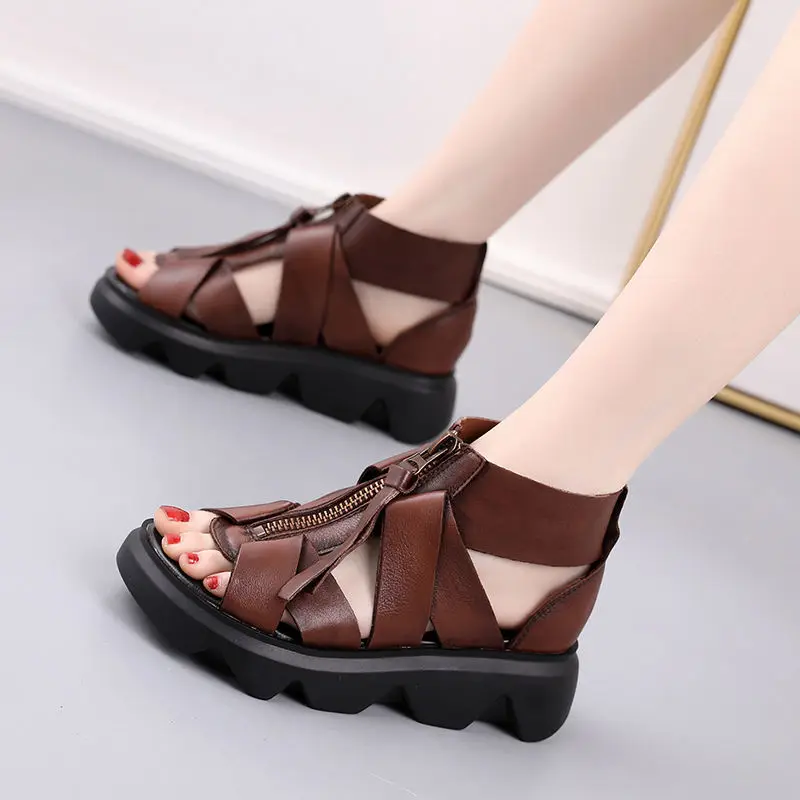 Soft Leather Thick-soled Sandals Women's Soft-soled Slope with Non-slip Retro Summer Rome High-top Increased Sponge Cake Bottom