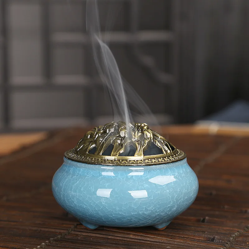 

Celadon Censer Copper Lid Buddha with Antique Incense Pan and Sandalwood Ice Cracking Incense Holder with Ceramic Cn(origin)