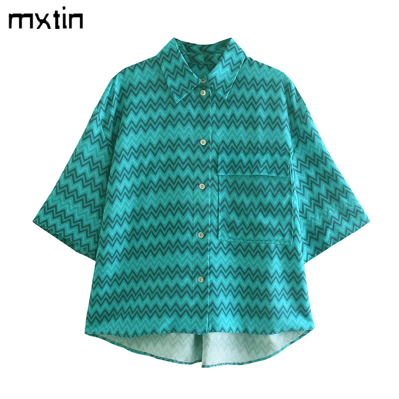 

MXTIN 2021 Women Summer Fashion Striped Pockets Blouses Vintage Lapel Collar Short Sleeves Female Shirts Blusas Casual Tops