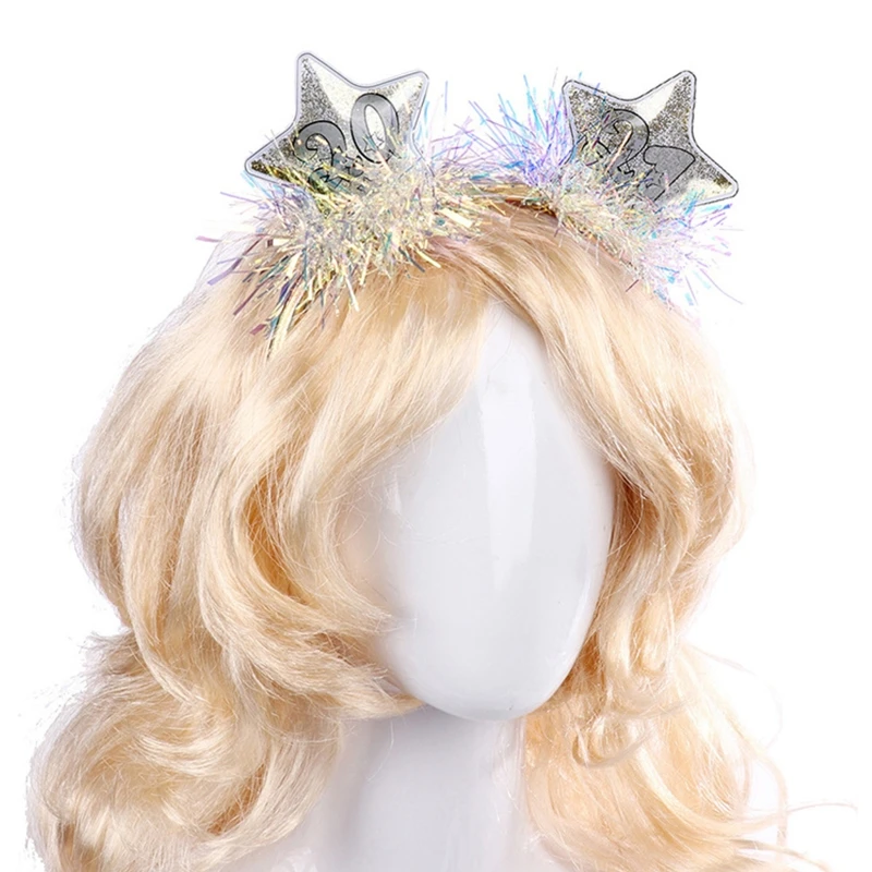

Women Kids 2021 Five-Pointed Star Boppers Headband Colorful Glitter Tinsel Hair Hoop New Year Eve Party Headdress
