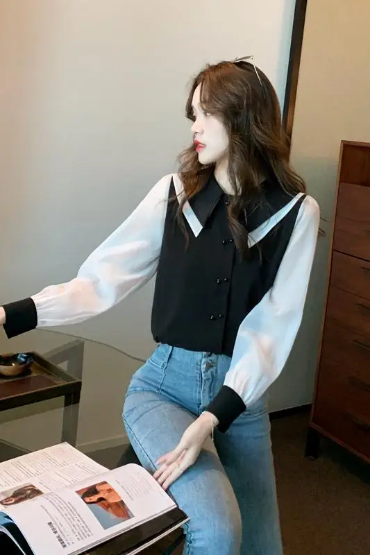 

COIGARSAM Full Sleeve Shirt Womens tops New Spring Chiffon Women shirts Beige Black 1398