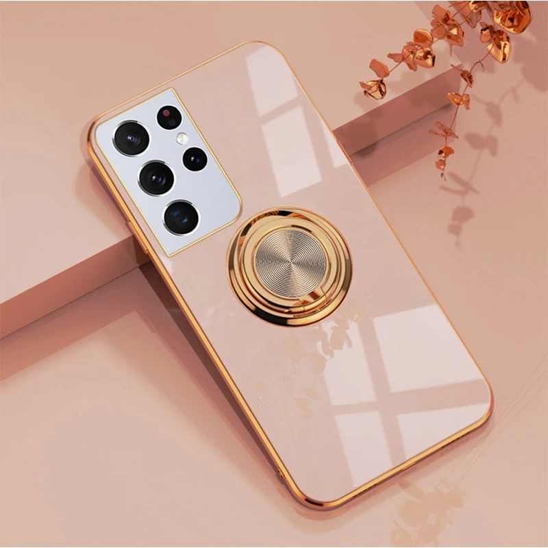 

Luxury Ring Plating Silicone Phone Case For Samsung Galaxy S23 S22 S21 S20 FE Note 20 10 9 Plus Ultra-thin Magnetic Holder Cover