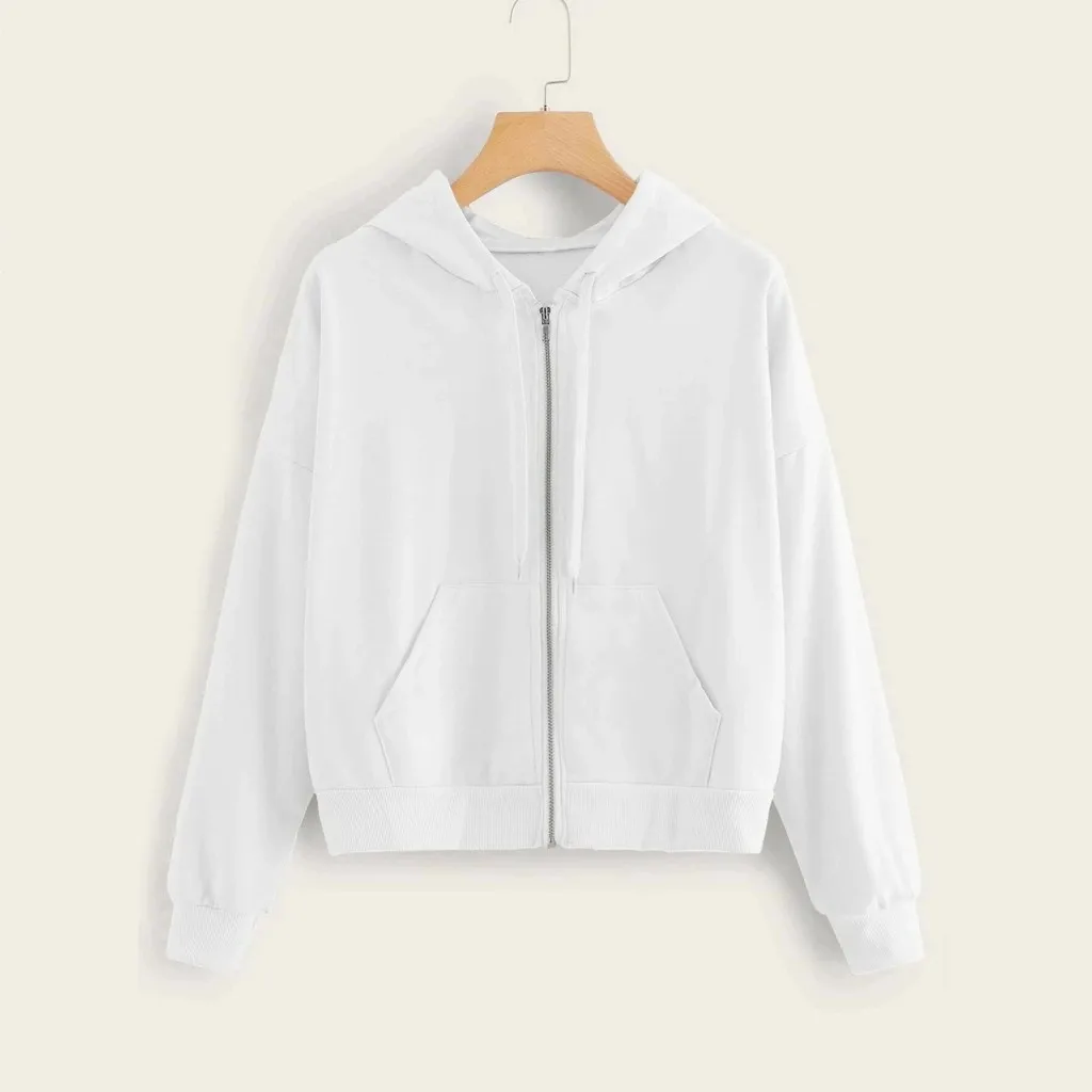 Fashion Women Casual Solid Blouse Long Sleeves Zip Up Pocket Shirt V-neck Hooded Sweatshirt Tops