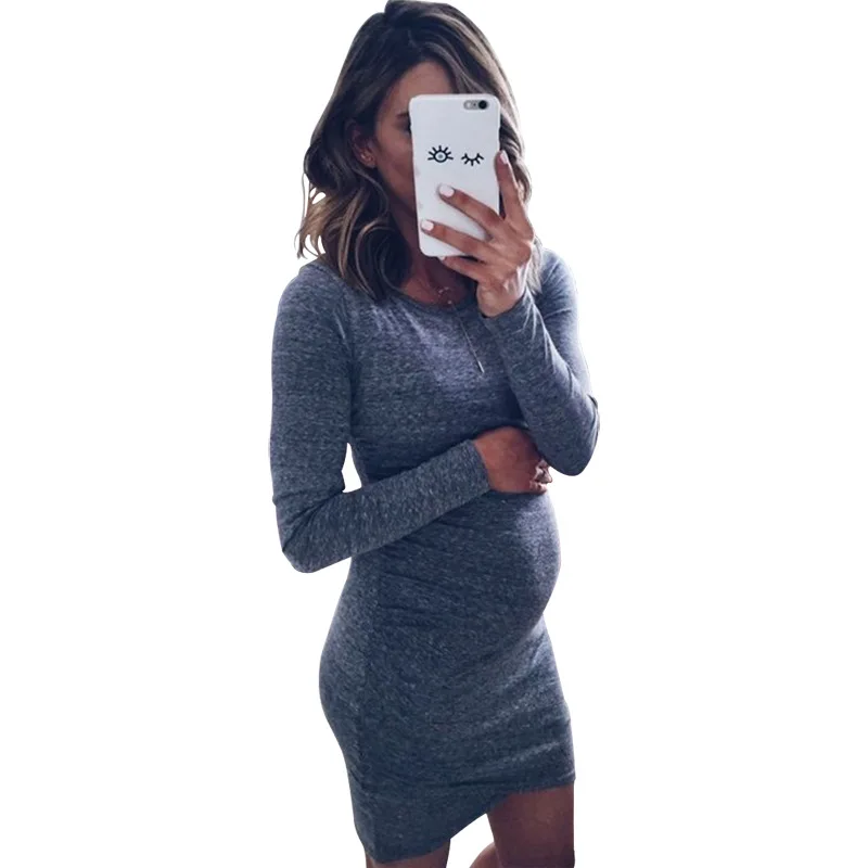 

Pure Color Round Neck Long Sleeve Maternity Skirt Dress Fashion Spring and Autumn Elegant Photography Props Breastfeeding Dress