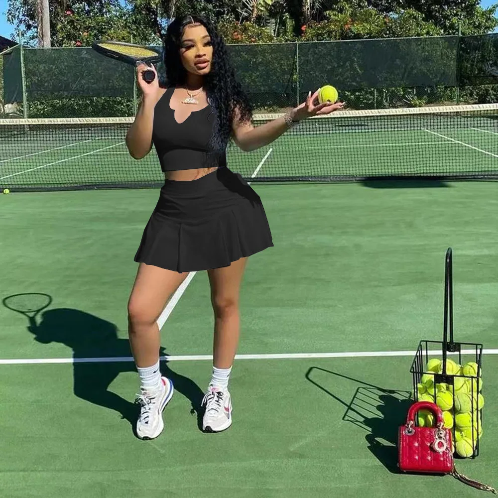 

Solid Color Two Piece Set Sleeveless Tank And Pleated Mini Skirt Tracksuit Sportwear Tennis Shorts Skirts Summer Matching Set