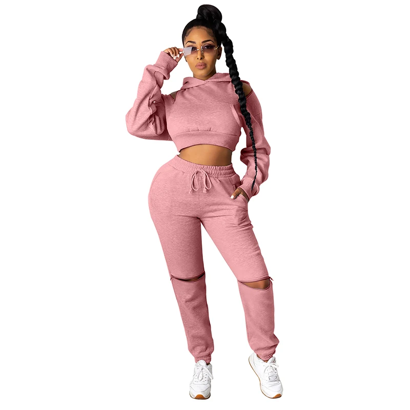 

2021 y2k Spring Women Solid Sportswear Suit Long Sleeve Hooded Collar Lace Up High Waist Long Pants for Running Clothes Sets