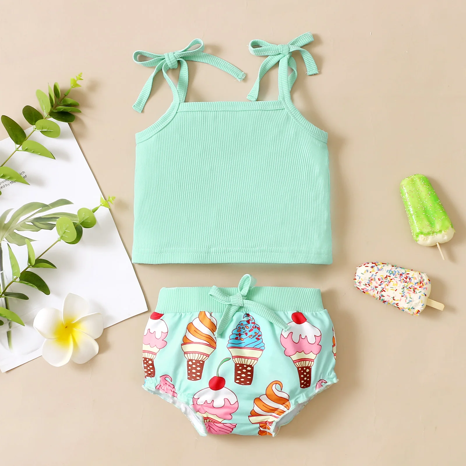 

2021 2Pcs Sweet Style Little Girls Outfit, Summer Solid Color Sleeveless Suspender Tops + Ice Cream Printing Shorts Set