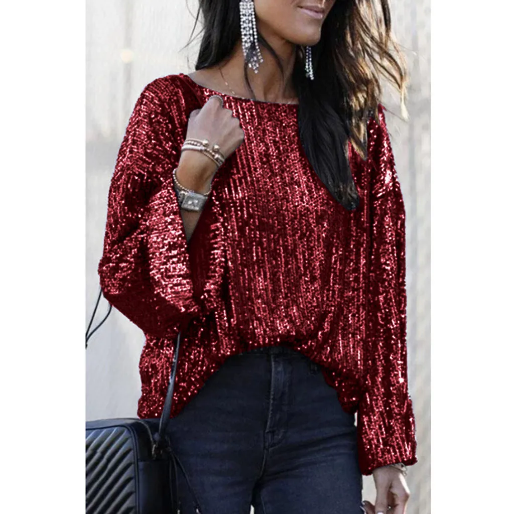 Женская футболка с длинными рукавами расшитая блестками круглым вырезом