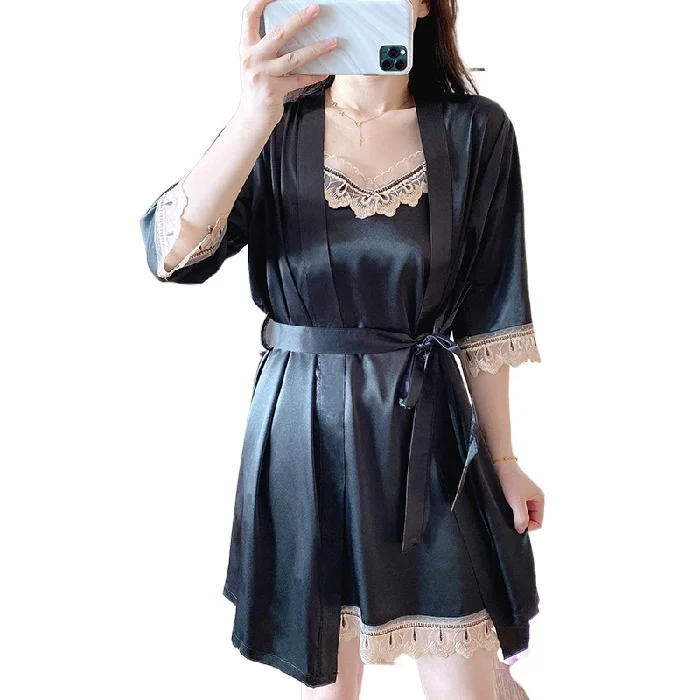 Korean Version Lace Silk Five Piece Set of Women's Sexy Pajamas with Sling, Nightdress, Nightgown Household Clothes Sleepwear