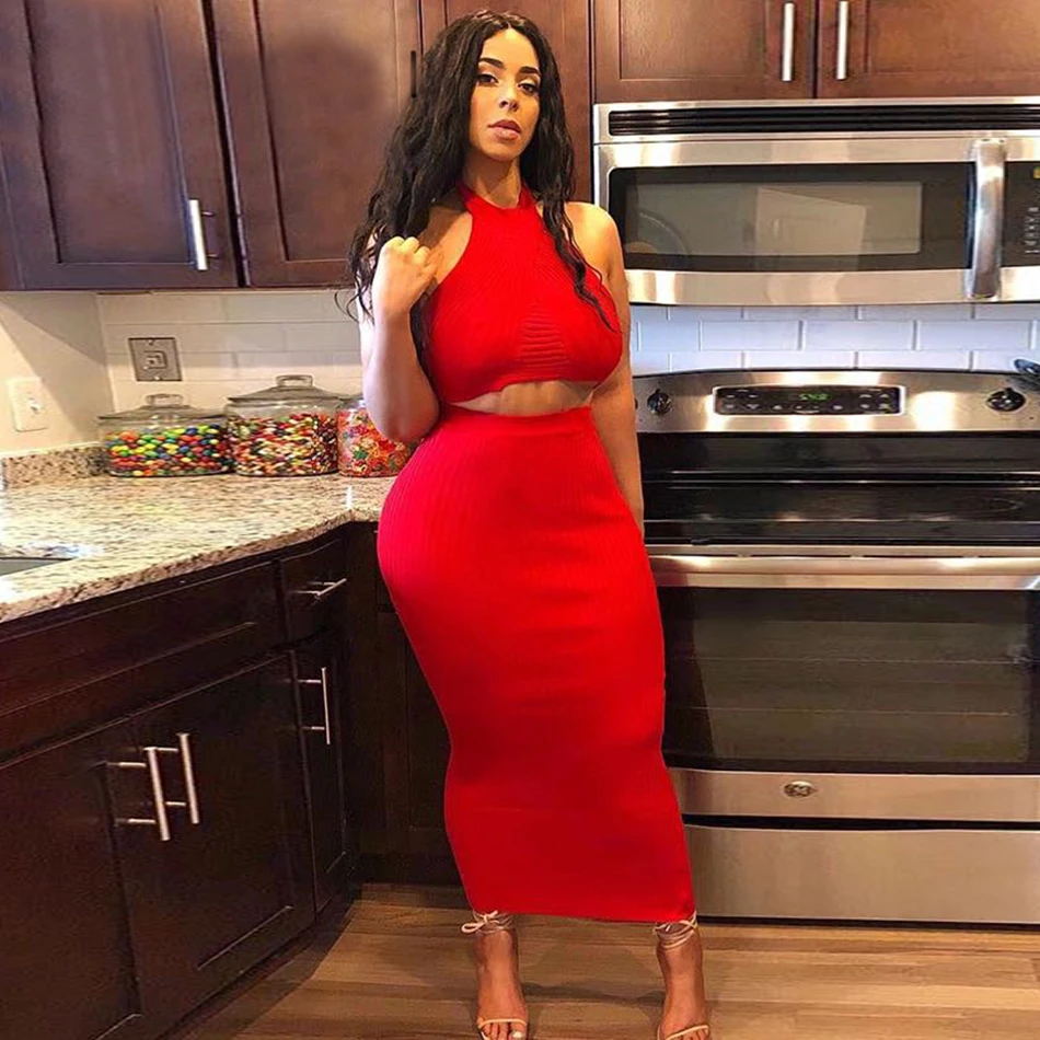 Женское Бандажное платье Amily.c 2020 из 2 предметов Красное Облегающее без рукавов