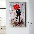 Абстрактная красная картина маслом на холсте с изображением зонтика для влюбленных скандинавские плакаты и принты Настенная картина для гостиной
