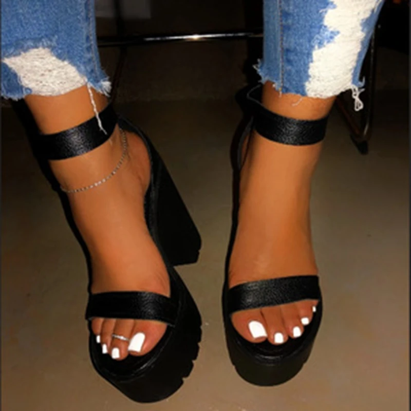 RIZABINA Summer Shoes Women Sandals Open Toe Ankle Strap Block High Heel Platform Sexy Ladies Footwear Black Size 37-41 |