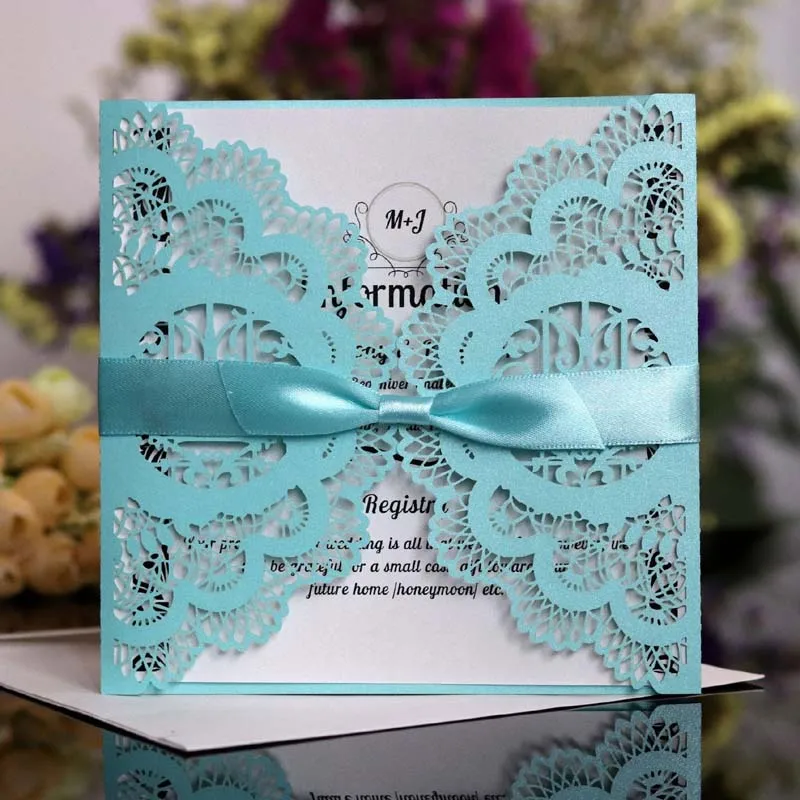 Light blue 100 шт./лот) Лазерная резка Любовь Птица блестящий зеленый настроить печать свадебные приглашения карты светоотражающее Свадебное приглашение IC115G - Цвет: Light blue
