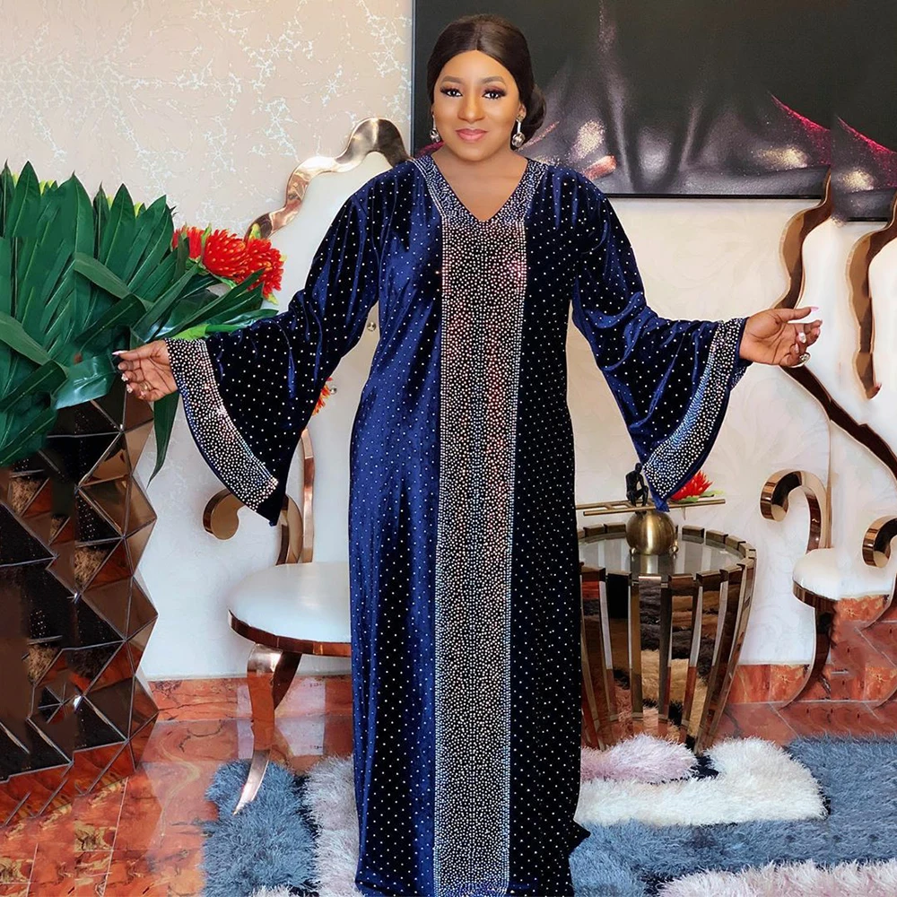 

Dashiki African Velvet Dresses For Women Plus Size Ankara Long Dress Shiny Stones 2021 Summer Autumn Muslim Fashion Kaftan