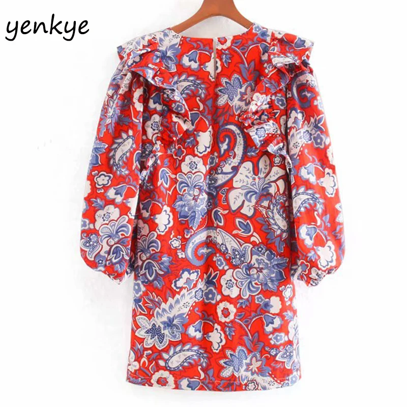 Женское винтажное мини платье с цветочным принтом V образным вырезом и рукавами