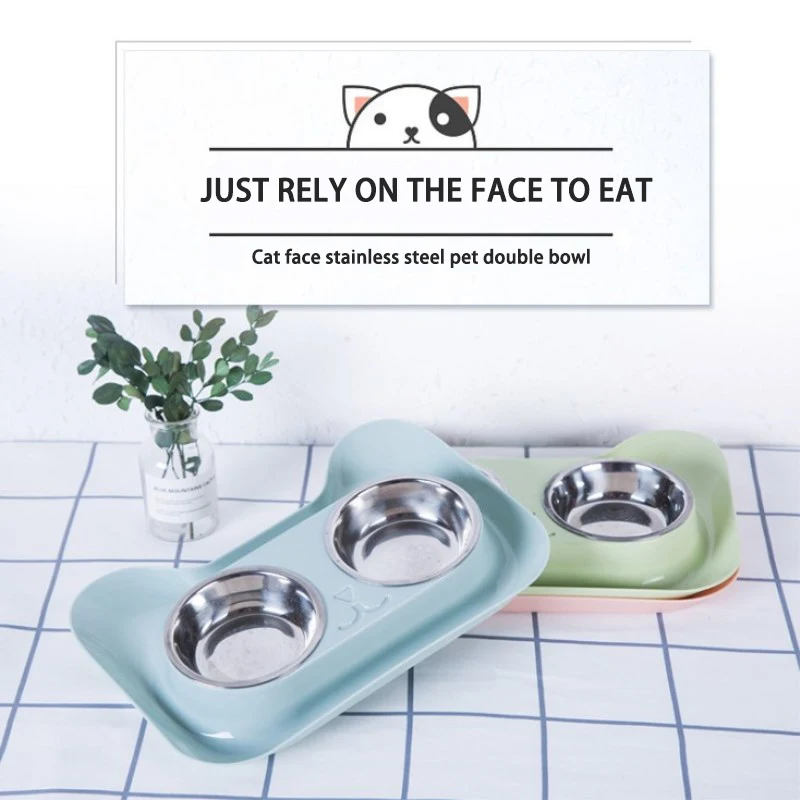 

Cat bowl stainless steel cheap pet feeder Drinker dish cat face bowls and drinkers For cats accessories One-piece Double bowl