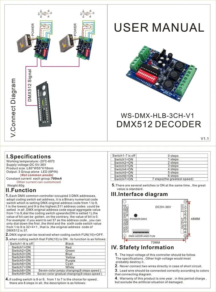 DMX512 RGB 3 канала DMX декодер модуль DC 5v-36V 12v постоянный ток 700mA Контроллер Мощный