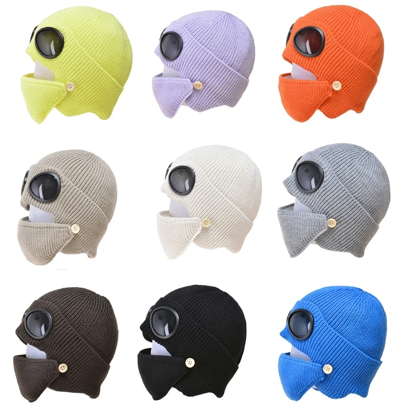 

2 In 1 Ribbed Knitted Beanie Hat Mask Set Winter Warm Earflap Cap with Goggles