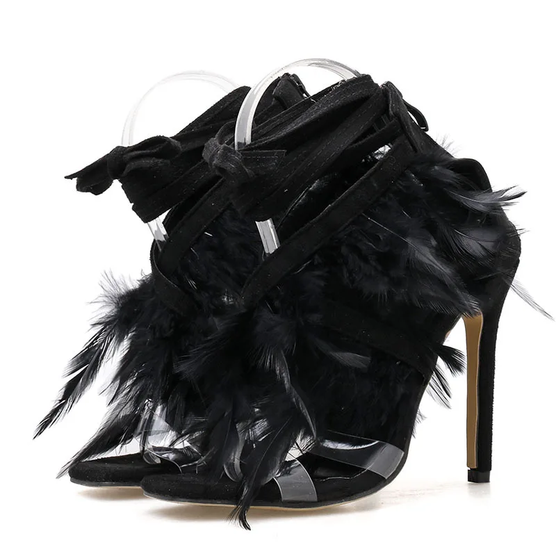 

[GOGD]Europe and the United States party exaggerated personality fashion sexy cross bind feathers stiletto to ladies' sandals